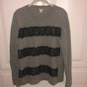 J.Crew Gray Black Lace Striped Sweater Sz XL